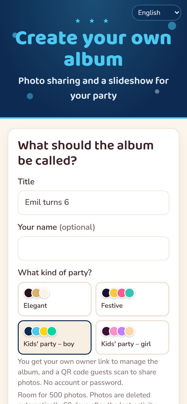 Creating an album and choosing a theme