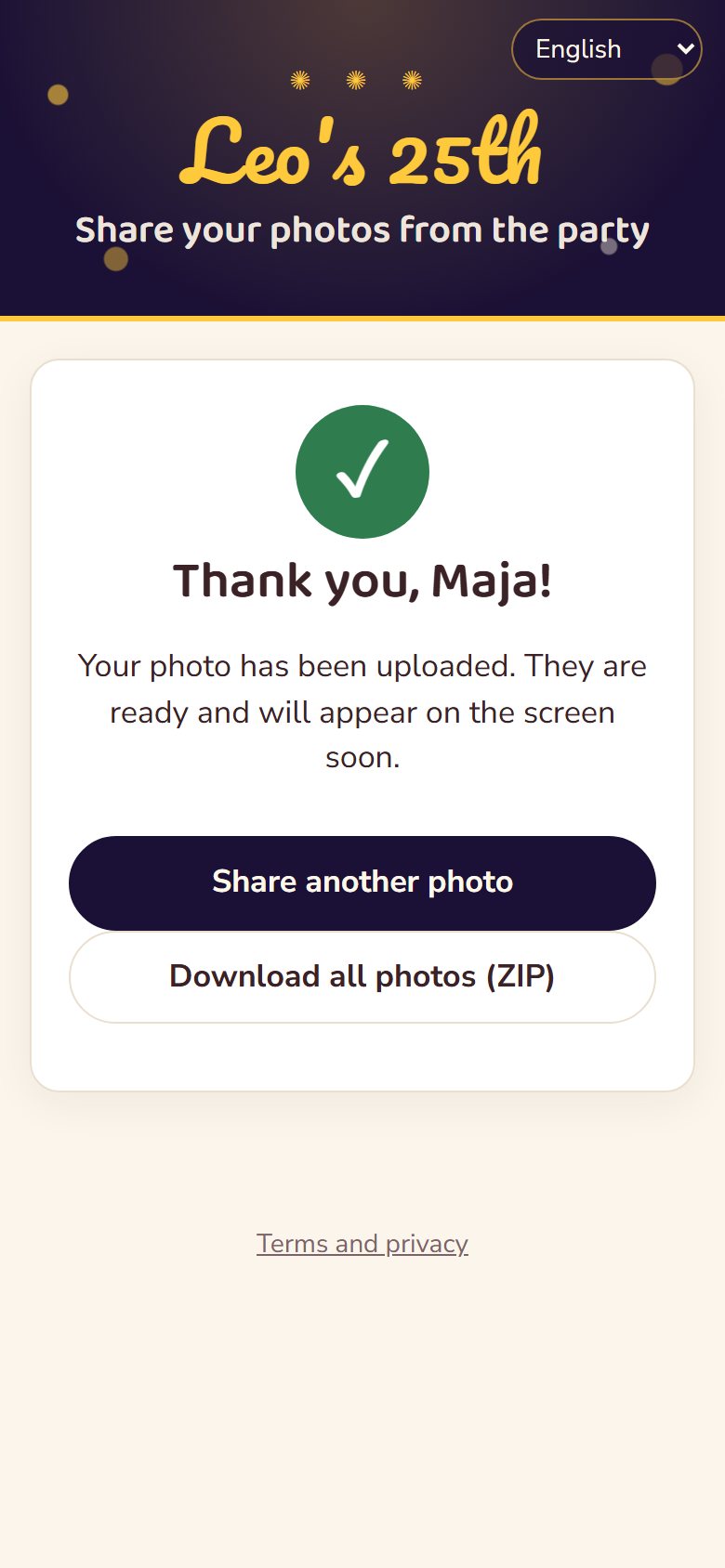 Confirmation that the photo was shared
