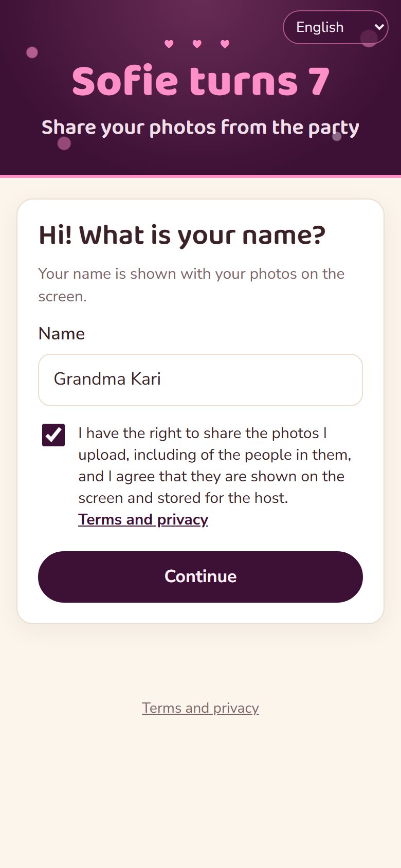 A guest enters their name and confirms